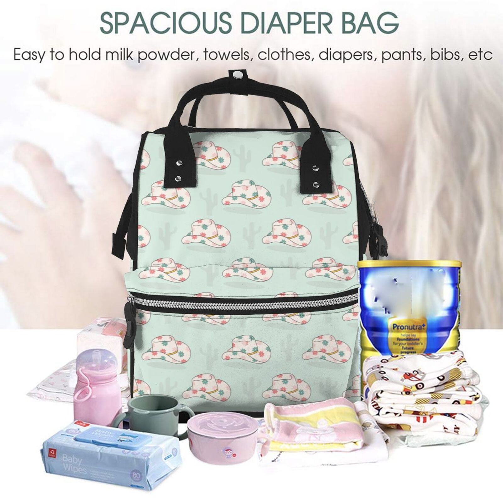 Fuzoiu Flora Daisy Cactus Print Diaper Bag Backpack,Baby Essentials Travel Tote,Multi function Waterproof Diaper Bag, Travel Essentials Baby Bag - Unisex