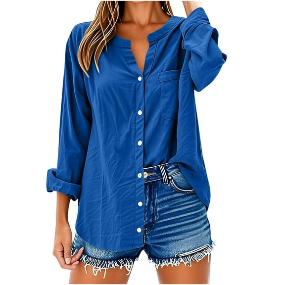 UYISJ Womens Long Sleeve Button Down Shirts Cotton Linen Collared V Neck Tops Casual Loose Fit Plus Size Blouses Blue L