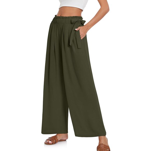 MAIHAN Pantalon Grand en Lin pour Femmes Été Ample Plage Coton Lin Pantalon Léger Droit avec Poche (Vert, G)