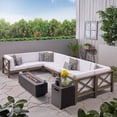 thumbnail image 2 of Muriel Outdoor Acacia Wood 8 Seater U-Shaped Sectional Sofa Set with Fire Pit, 2 of 12