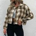 thumbnail image 5 of Tuphregyow Women Flannel Shacket Jacket Plaid Print Chest Pocketed Shirts Loose Jacket Coats Trendy Cardigan Boyfriend Lapel Long Sleeve Button Down Khaki L, 5 of 9