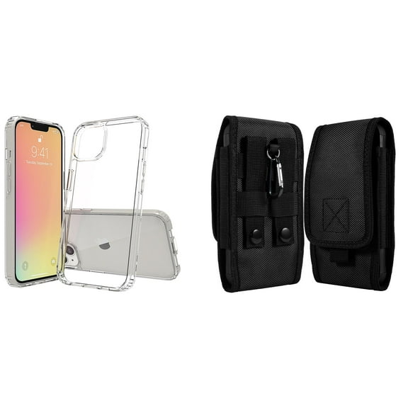 Bemz Case and Pouch Bundle for iPhone 14 Pro: Fusion Protector Slim Case (Transparent Clear) and Vertical Rugged Nylon Belt Holster