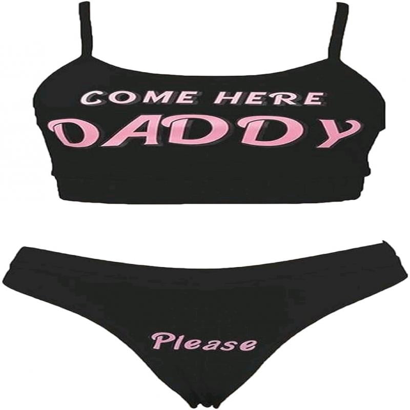  IWEMEK Women's 2Pcs Come Here Daddy Please Strappy Lingerie Set  Yes Daddy Bra Cheeky Thongs Naughty Underwear Slutty Underwear Tank Tops  and Panty Pajamas Sleepwear Anime Cosplay Outfits Black Small 