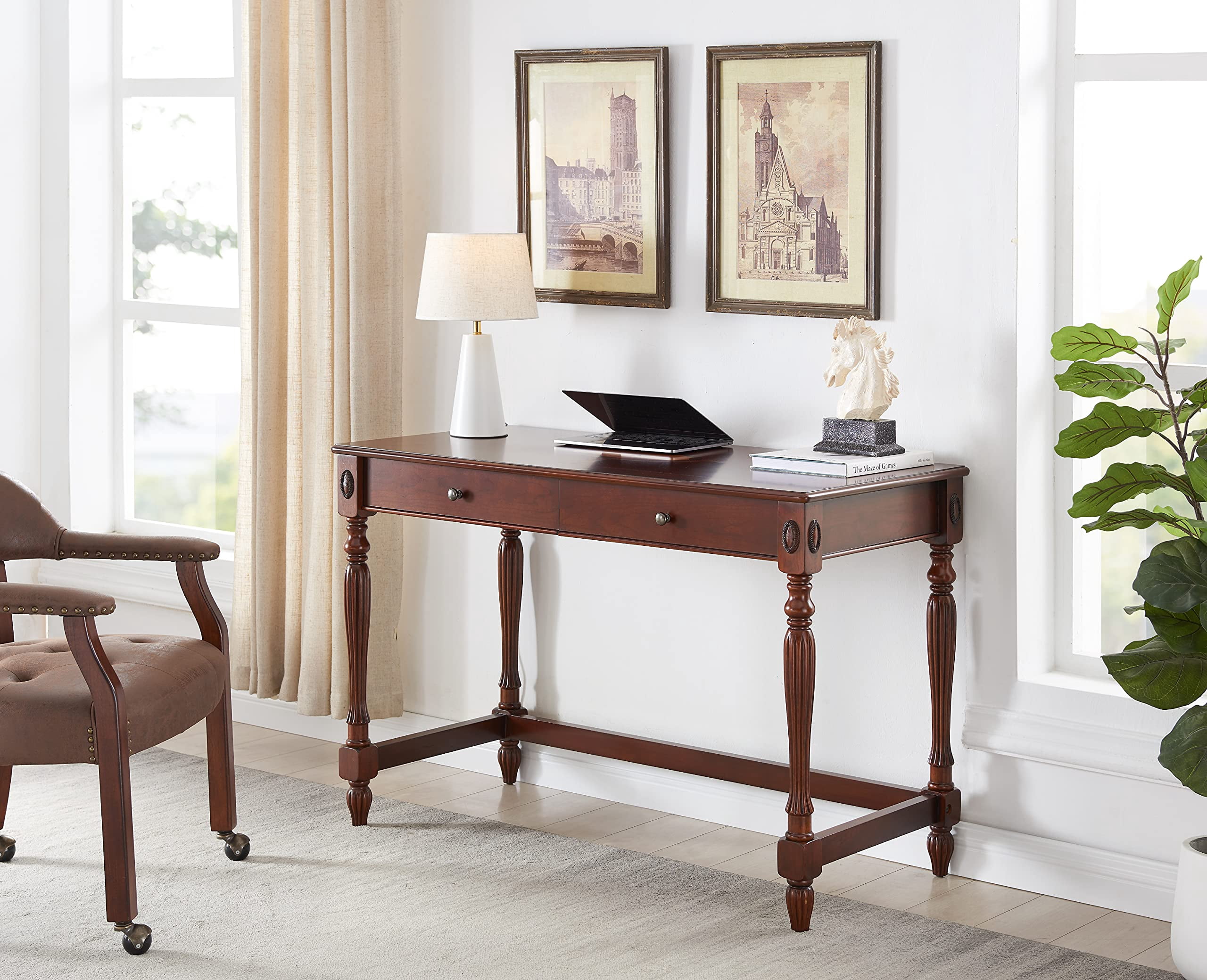 JESONVID Solid Wood Computer Writing Desk with 2 Big Drawers 46.1" Wide Home Office Desk Workstation Big Rustic Study Table Furniture in Cherry for Home Office Bedroom Living Room, BSZ-1533WD