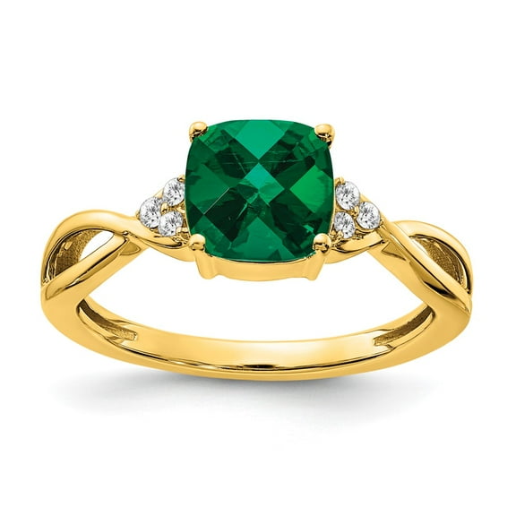 Primal Gold 10 Karat Yellow Gold Checkerboard Created Emerald and Diamond Ring