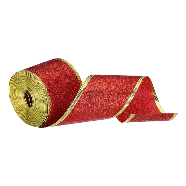 Unique Bargains Christmas Polyester Ribbon 2' 10 Yard Glitter Ribbon Gold Iron Wired Edge Easy to Shape DIY Crafts Red