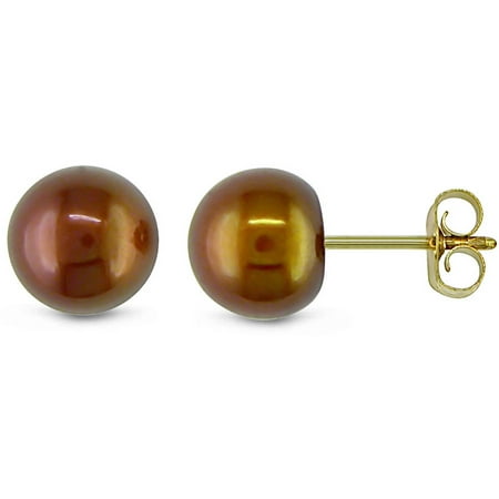 6-6.5mm Brown Button Cultured Freshwater Pearl 10kt Yellow Gold Stud Earrings