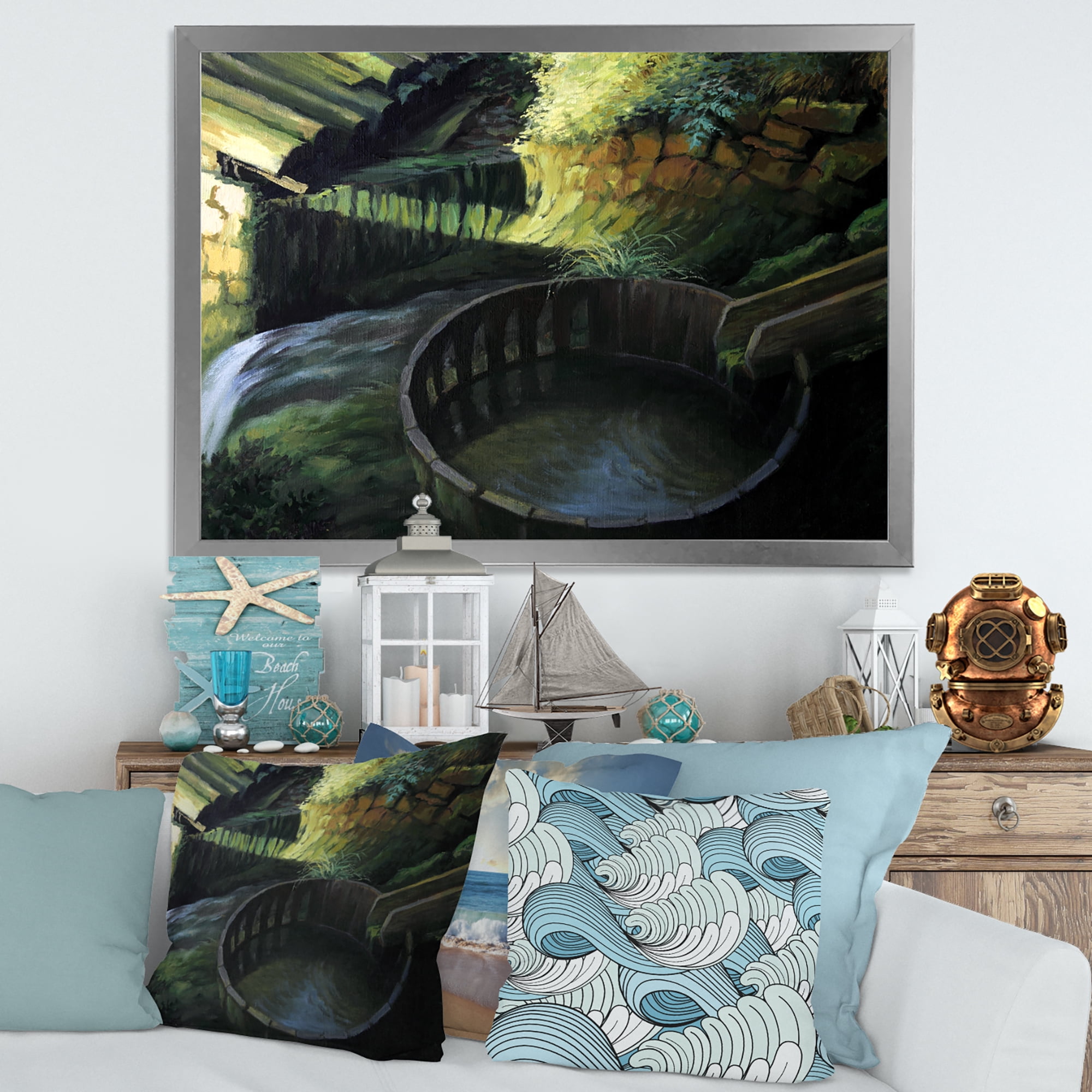 Designart 'Old Watermill In Green Nature Landscape' Lake House Framed Art Print