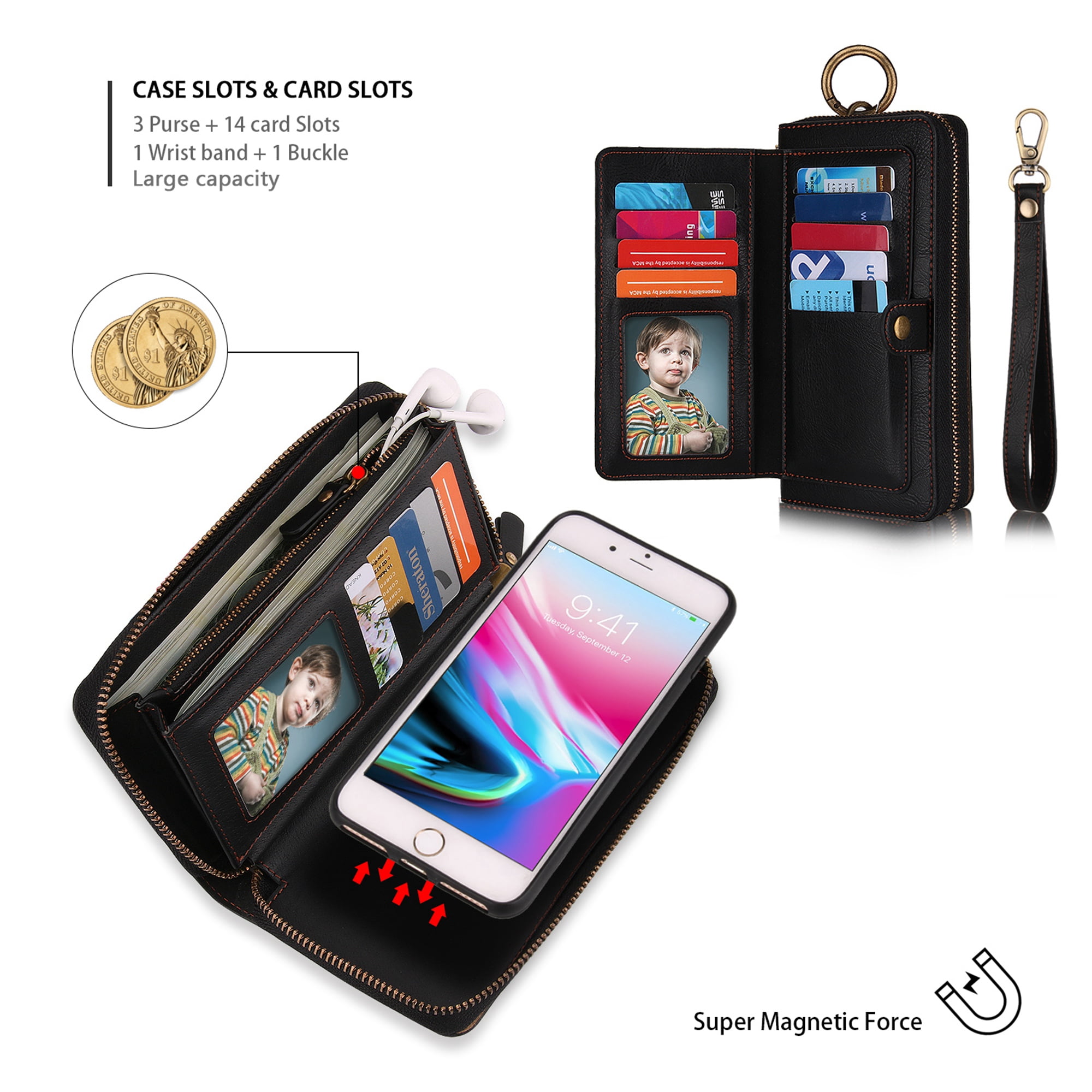 iPhone 8 Plus Wallet Detachable Case, iPhone 7 Plus Case, Dteck [wrist band & metal buckle] [14 Card Slots] Zipper Purse Phone Case Folio Flip PU Leather Removable Magnetic Back Cover, Black