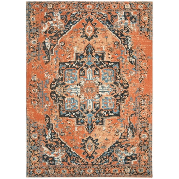 SAFAVIEH Classic Vintage Atanas Floral Bordered Polyester Area Rug, Orange/Navy, 6' x 9'