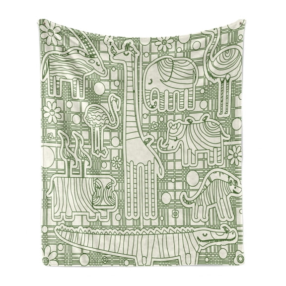 Ostrich Soft Flannel Fleece Throw Blanket, Hippo Cheetah Pelican Giraffe in Fractal Children Outline Print, Cozy Plush for Indoor and Outdoor Use, 50" x 60", Fern Green and Cream, by Ambesonne