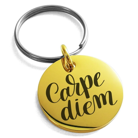 Stainless Steel Carpe Diem Calligraphy Engraved Small Medallion Circle Charm Keychain Keyring