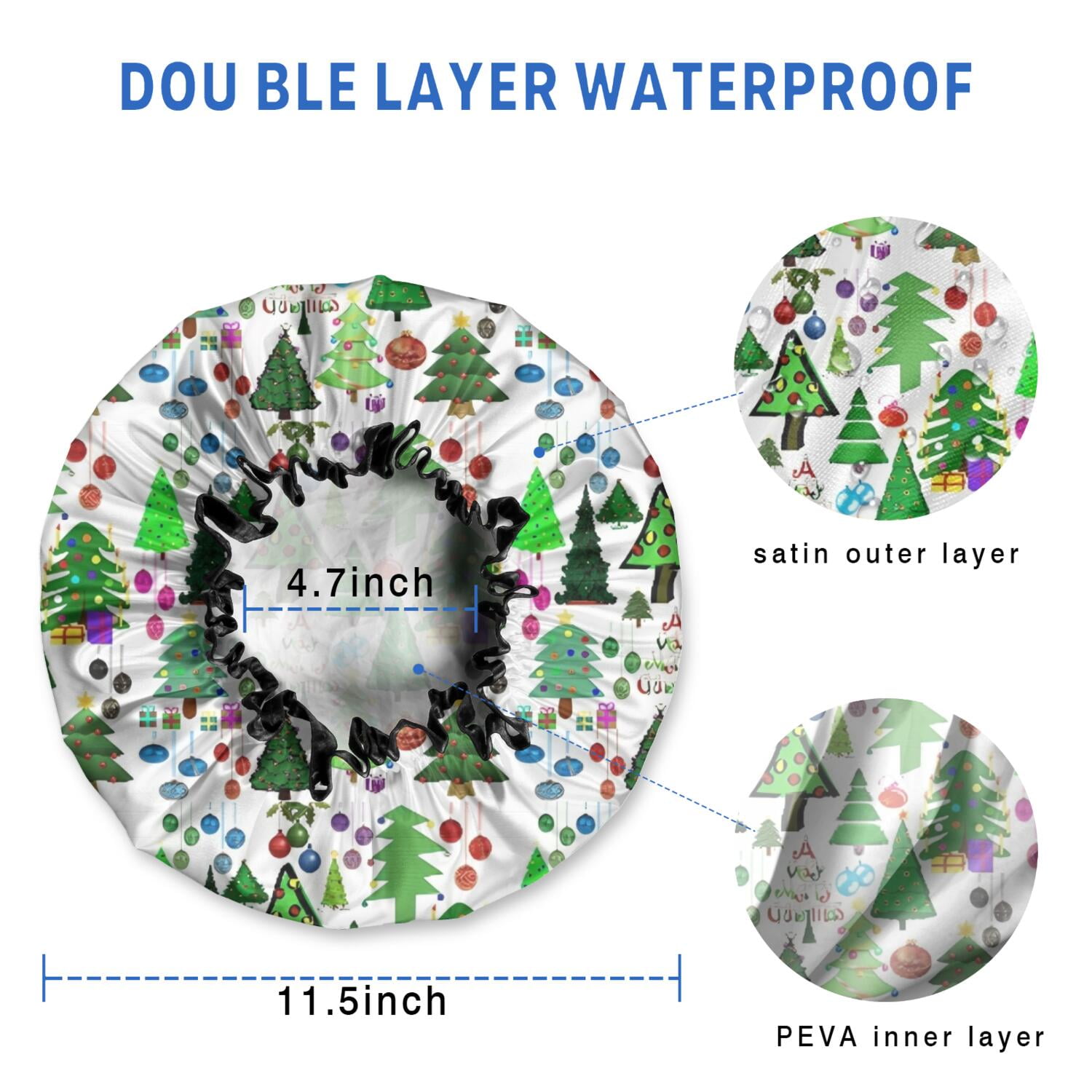Shower Caps,Multicolor Christmas Tree Pattern Waterproof Shower Cap for Women 4 Pieces,Double Reusable Hair Cover for Shower PEVA Elastic Stretch Hem