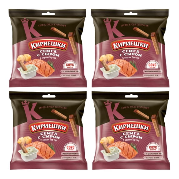 Kirieshki Rye-Wheat Bread Crackers Croutons (Suhariki) Salmon with Cheese Taste and Tartar Sauce 85g / 3oz - Pack of 4