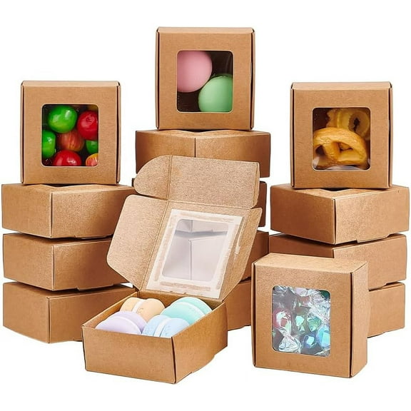30 Packs 2.5x2.5x1.2inch Square Brown Kraft Paper Boxes Gift Candy Boxes with Clear Window