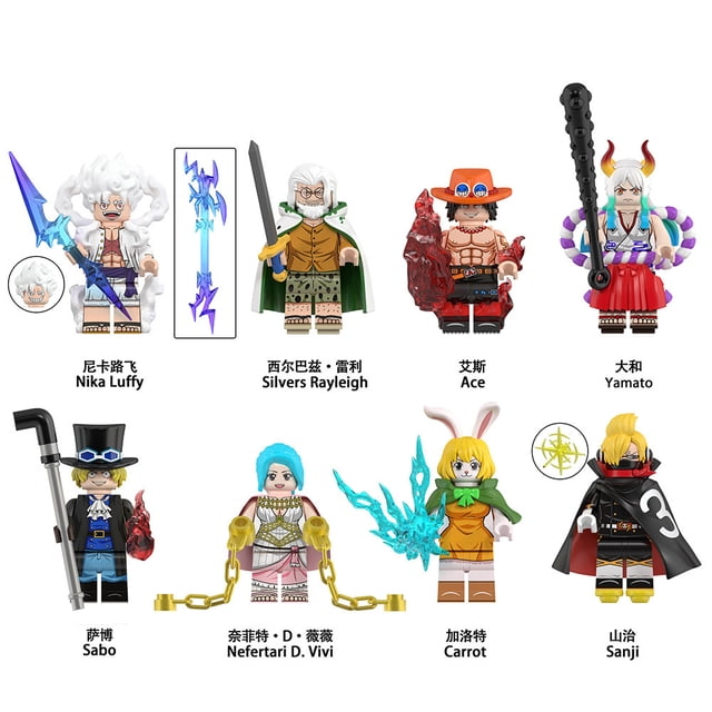 Set de 8 Figuras de One Piece – Ace, Yamato, Sanji, Carrot y Nika Luffy, Bloques de Construcción DIY para Niños y Coleccionistas