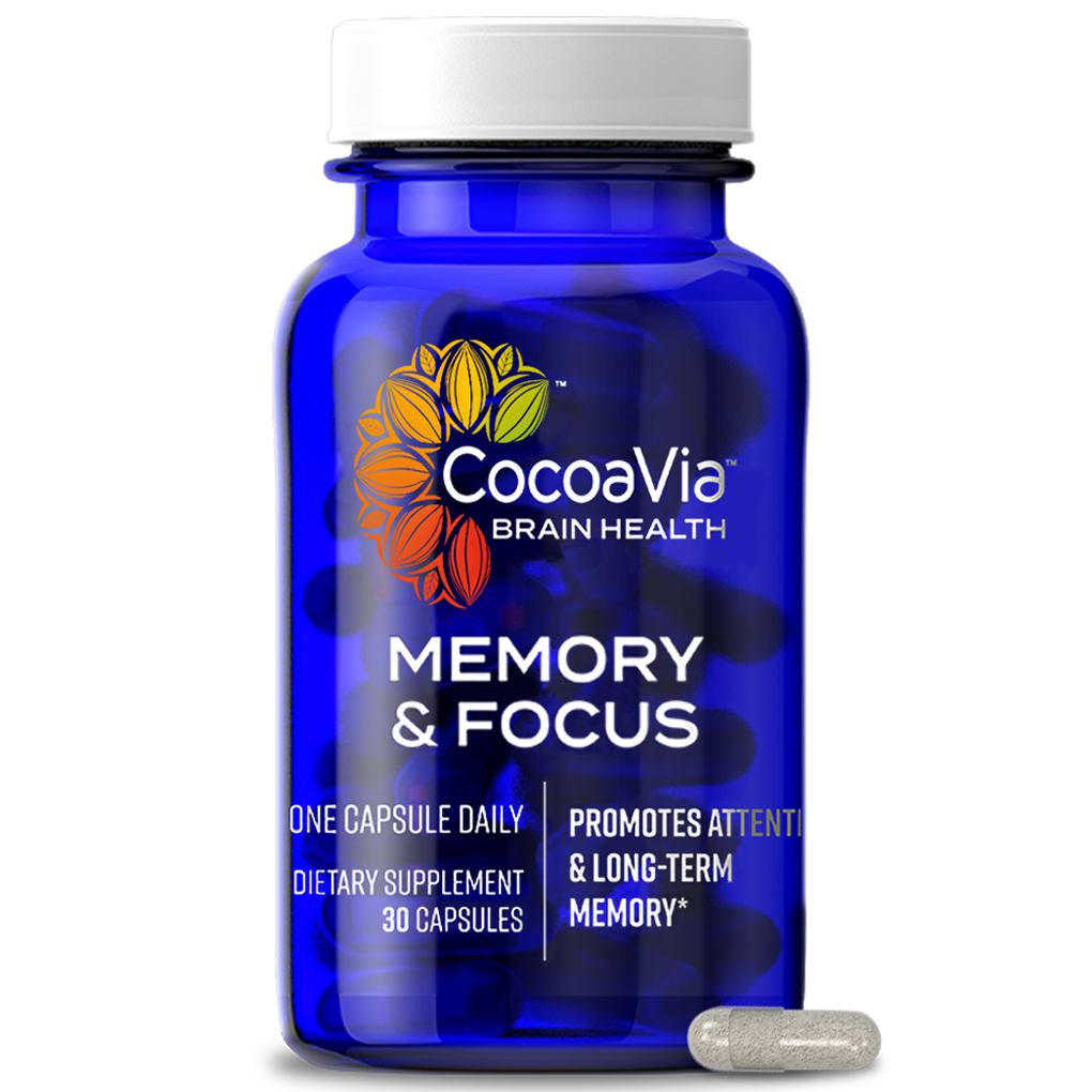 CocoaVia Memory & Focus Brain Supplement, 30 Day, Cocoa Flavanol Blend, Lutein, Added Caffeine for Boost. Improve Cognitive Function, Attention, Vegan & Plant Based, 30 Capsules