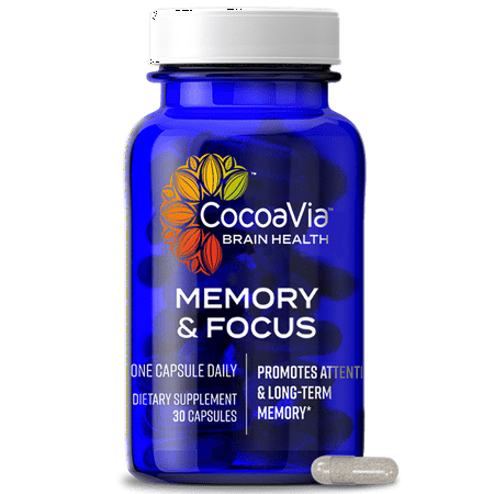 CocoaVia Memory & Focus Brain Supplement, 30 Day, Cocoa Flavanol Blend, Lutein, Added Caffeine for Boost. Improve Cognitive Function, Attention, Vegan & Plant Based, 30 Capsules