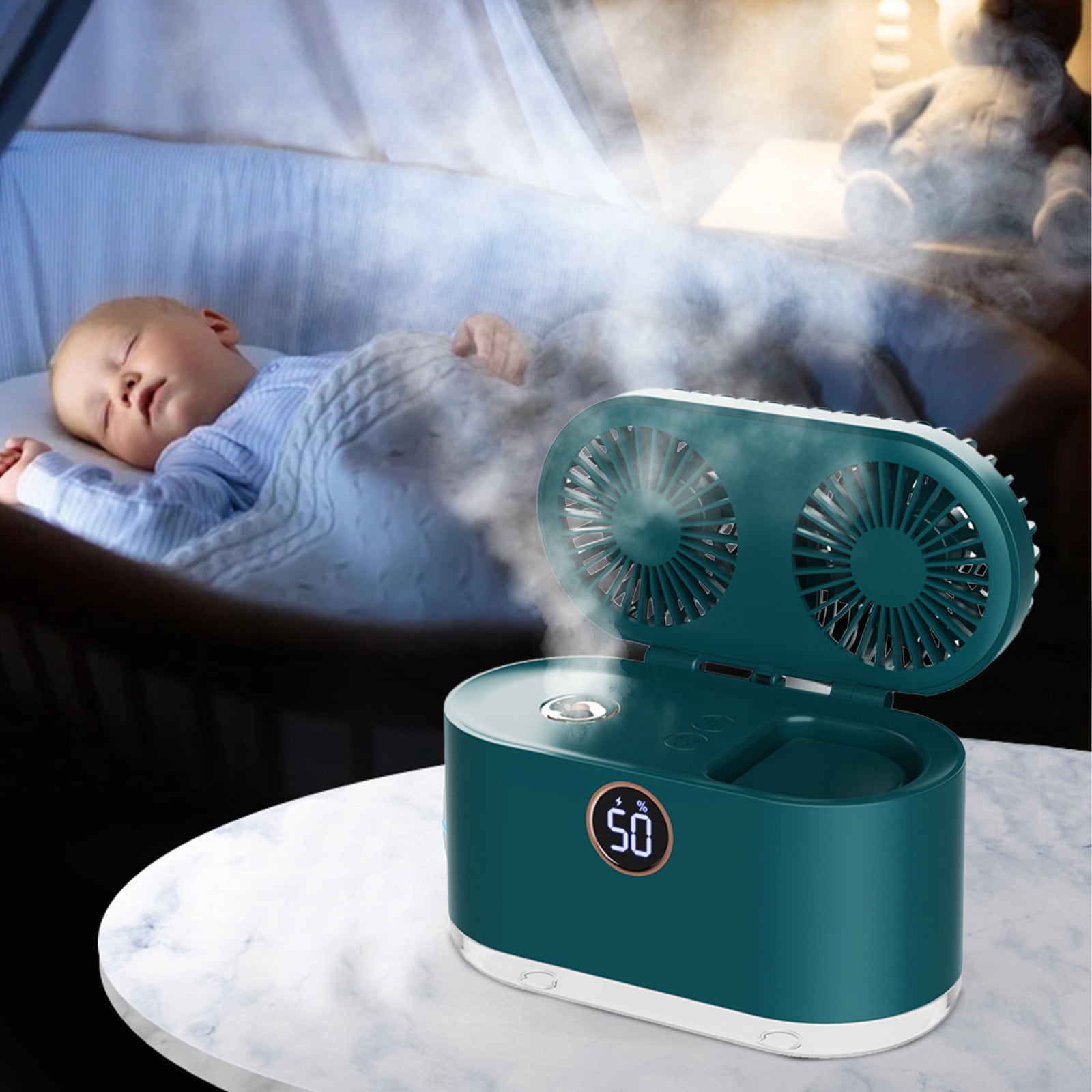 Fridja 2-in-1 Small Humidifier with Dual Fan, 2000mAh Desktop Humidifier, 400ml USB Rechargeable Battery Operated for Office Home Car Baby