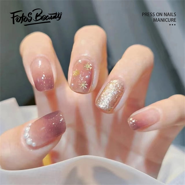 Christmas Decoration Fofosbeauty False Nails, Square Press on Nails Tips Design, Rose Powder Gold
