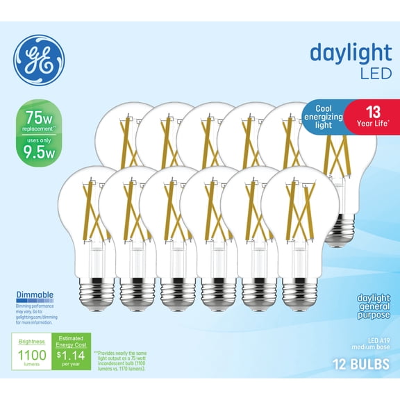GE General Purpose, Clear A19 LED Light Bulbs, 75 Watt Replacement, Daylight (12 Pack)