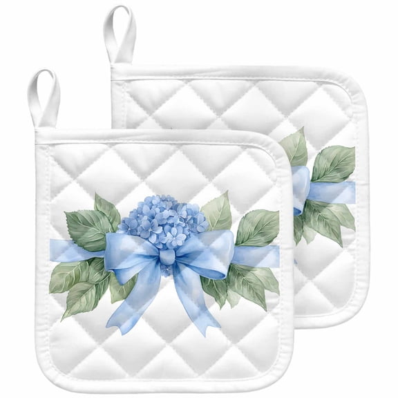 Hydrangea Spring Pot Holders for Kitchen Heatproof Potholder, 2 Pack Idyllic Flower Floral Bow Plant Leaf Hot Pads Multipurpose Oven Pads Cloth Potholders Trivet for Cooking and Baking