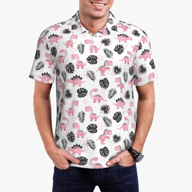 Fotbe Cute Dinosaur Camiseta Polo de Golf para Hombre con Estampado – Camisa Deportiva Transpirable con Cuello Abotonado-Small