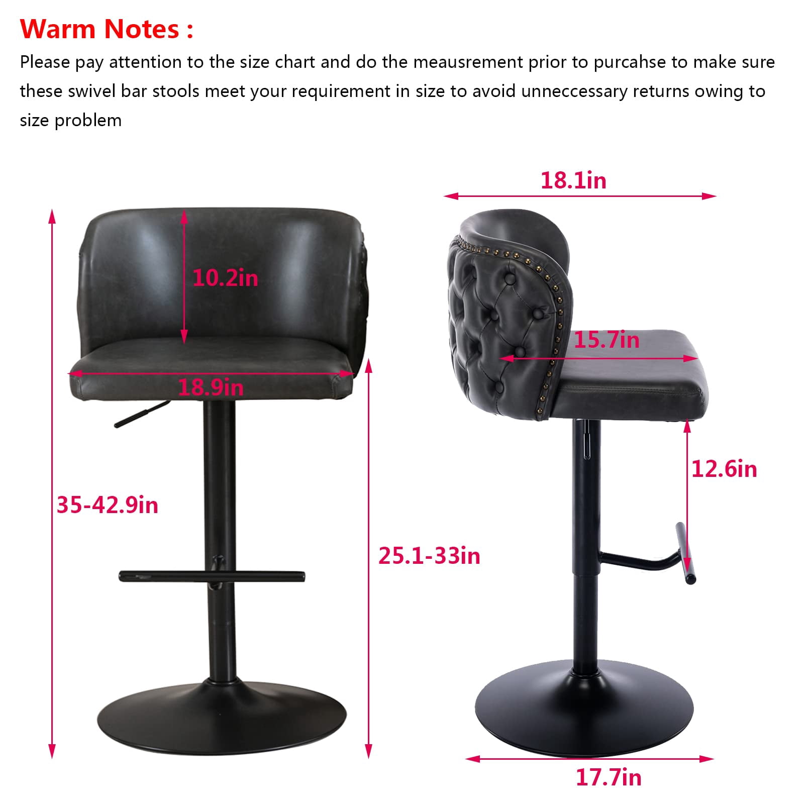 DONICK Swivel Counter Height Barstools,Upholstered Bar Stools Adjustable Height Nailhead Button Tufted Kitchen Island (PU,Dark,Set of 2)