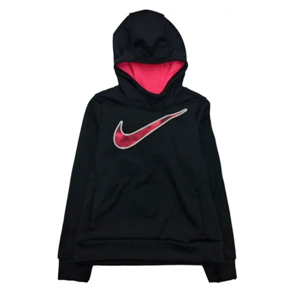 NIKE Girl's Therma Shine Graphic Hoodie (Black/Racer Pink, X-Small)