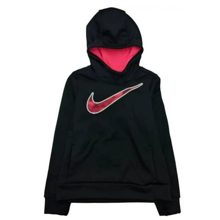 NIKE Girl's Therma Shine Graphic Hoodie (Black/Racer Pink, X-Small)