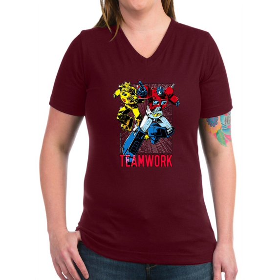 CafePress - Transformers Teamwork Women's V Neck Dark T Shirt - Women's V-Neck Dark T-Shirt