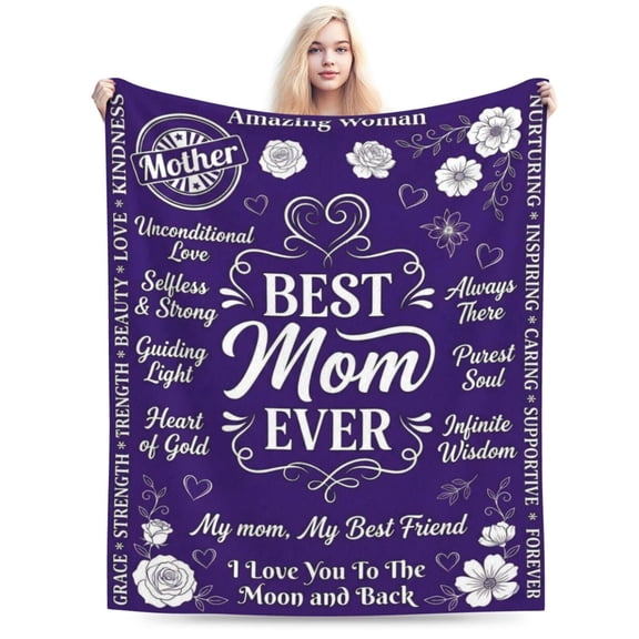 Elegant Purple Floral Gift Blanket for Mom, Best Mom Ever Inspirational Throw, Decorative Flannel Fleece Best Gift, Soft Heart of Gold Blanket 50×40