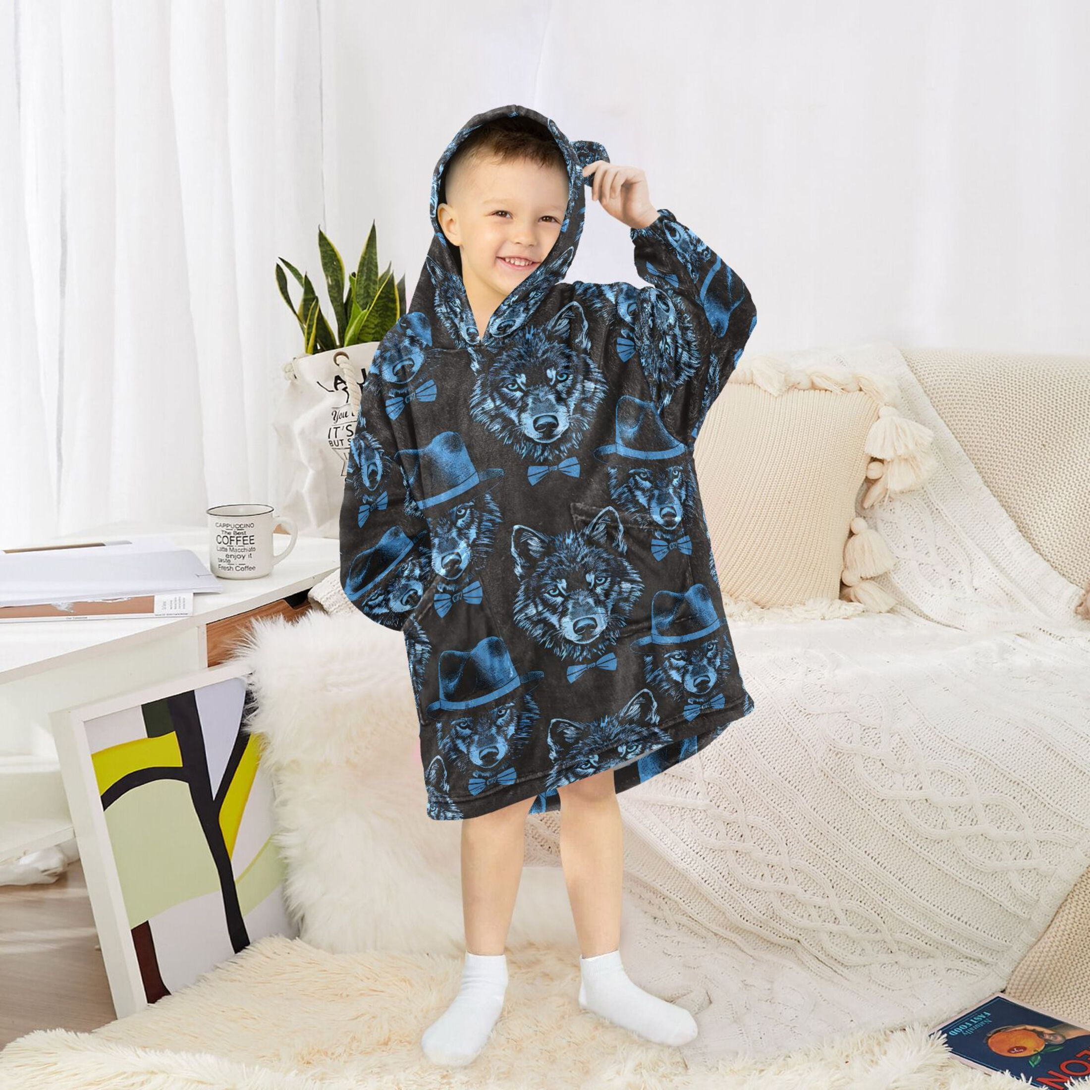 joogoo Blanket Hoodie for Blue Wolf with Hats Oversize Sweatshirt 3-14 YR L