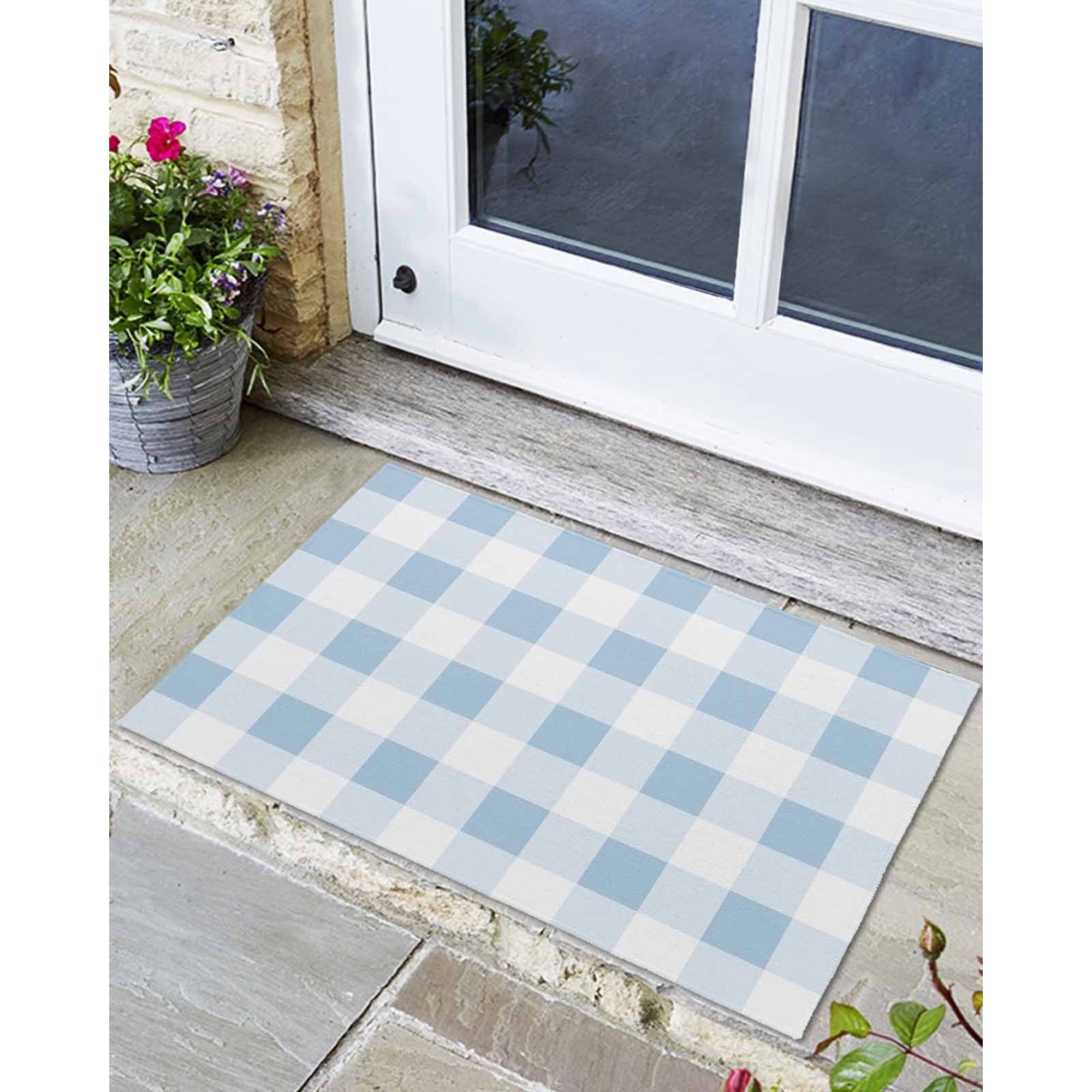 Indoor Door Mat Simple Spring Blue White Lattice Absorbent Entrance Mat Doormat Low Profile Floor Mats for Front Back Door Entryway 24x36in Farmhouse Simplistic Gingham