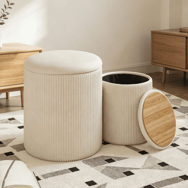 Waleaf Round Ottoman with Storage Set of 2, Upholstered Velvet Vanity Stool for Living Room & Bedroom, Beige