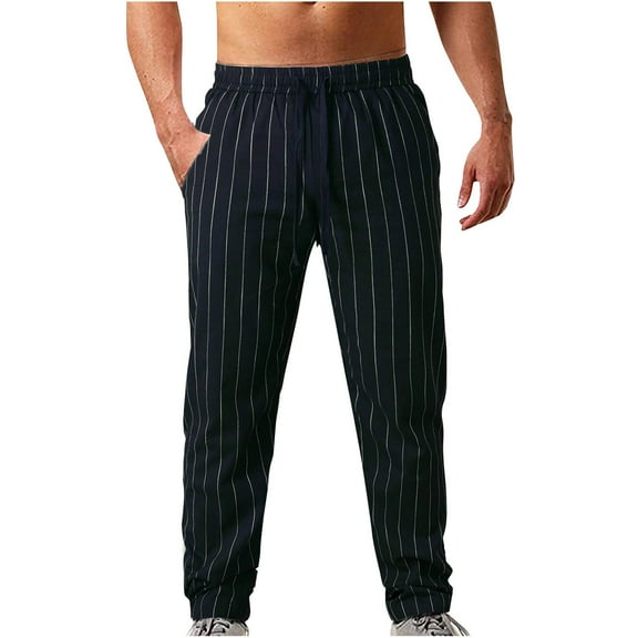 ZVNAΖH Men's Cotton Linen Striped Straight Leg Pants Summer Casual Drawstring Beach Yoga Sports Pants