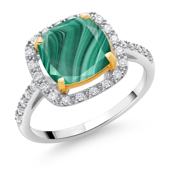 Gem Stone King 925 Sterling Silver and 10K Yellow Gold Green Malachite and White Lab Grown Diamond Engagement Ring for Women (3.21 Cttw, Cushion Cut 8MM, Available in Size 5, 6, 7, 8, 9)