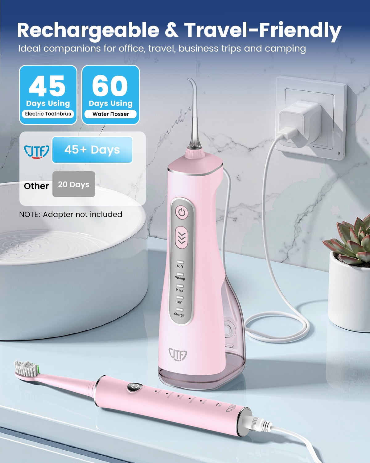 JTF 2-in-1 Oral Clean Kit- Electric Toothbrush & Water flosser Combo with Multiple Modes, 5 Brush Heads and 5 Jet Tips, Brushing & Flossing- Rechargeable for Teeth Cleaning and Gum Health, Pink