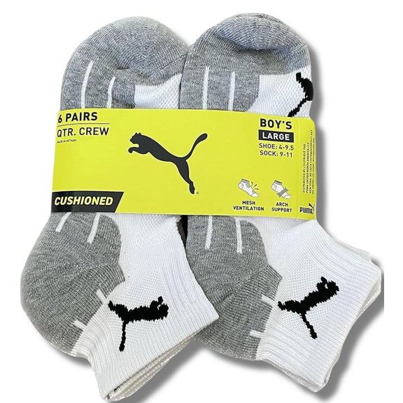 PUMA SOCKS BOYS X6 - QUARTER 223 - CUBE WHITE GREY - LARGE SHOE 4-9.5 - 6 PACK