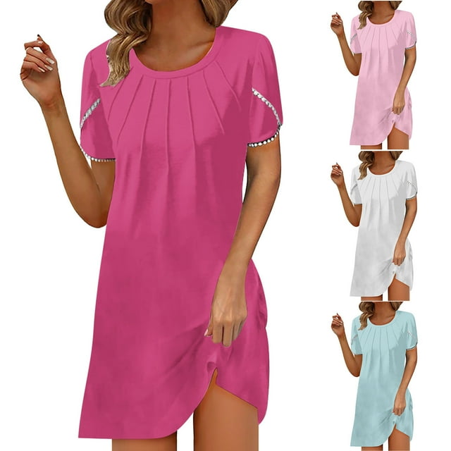 Gspmoly Robes d'Été pour Femmes, Nouvelle Robe d'Été Décontractée pour Femmes à Col Rond, Couleur Unie, Ample, Plissée à la Poitrine, à Manches Courtes, Robe de Vacances pour Femmes, Liquidation