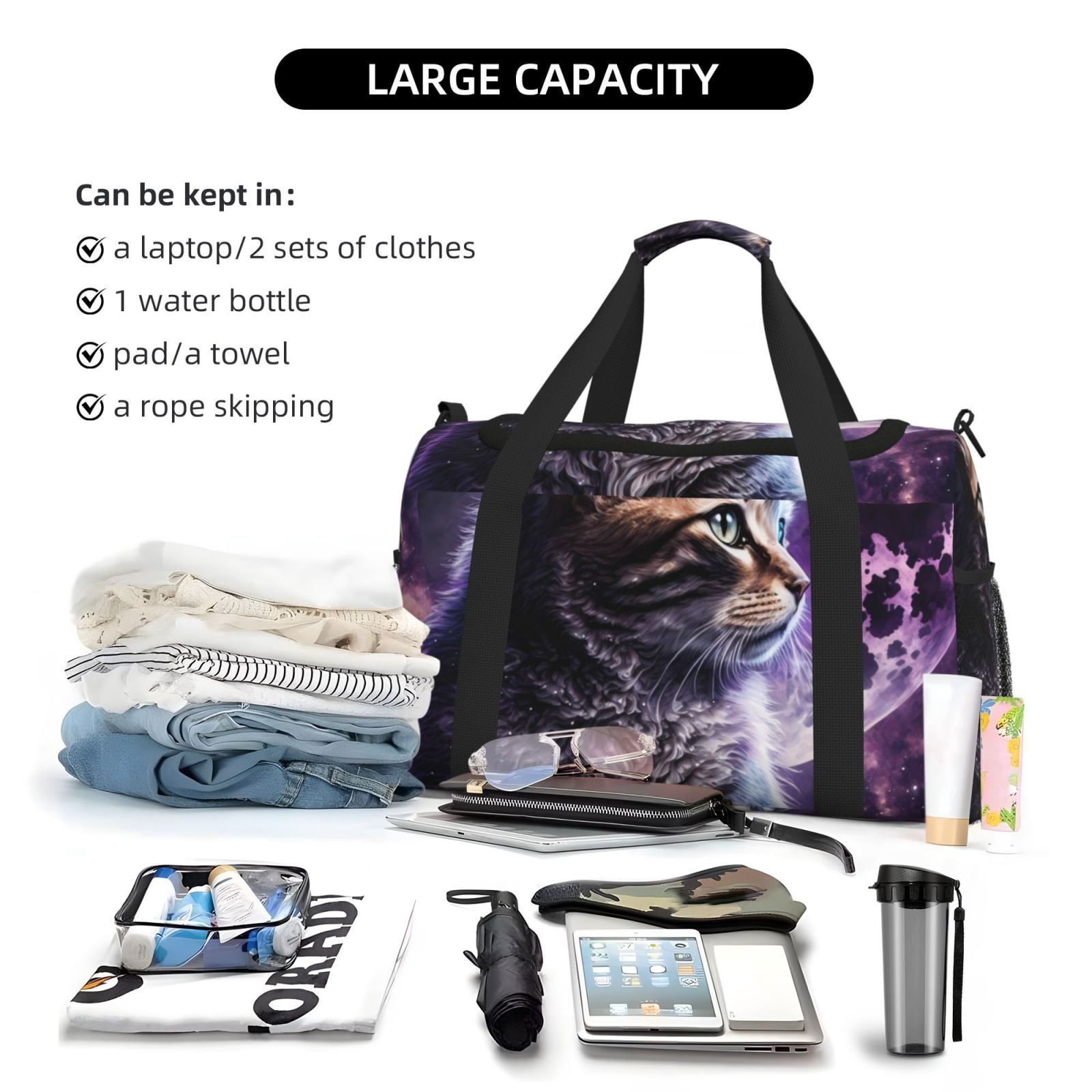 Fuzoiu Purple Moon Cat Print Travel Duffle Bag,Carry On Tote Bags,Duffel Bag,Sport Gym Bag, Hospital Bag for Labor and Delivery, Overnight Bag,Luggage Bag
