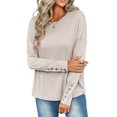 thumbnail image 1 of VISgogo - Camiseta holgada informal para mujer, color sólido, cuello redondo, manga larga, puños recortados con botones VISgogo  moda, 1 of 9