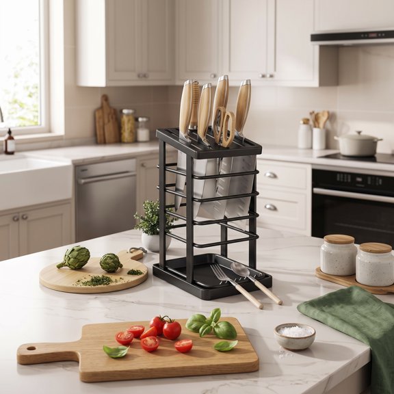 Stainless Steel Knife Holder Block with Drain Tray – Countertop Kitchen Knife Organizer, Universal Knife Stand for Chef Knives & Scissors, Durable Alternative to Magnetic Strips