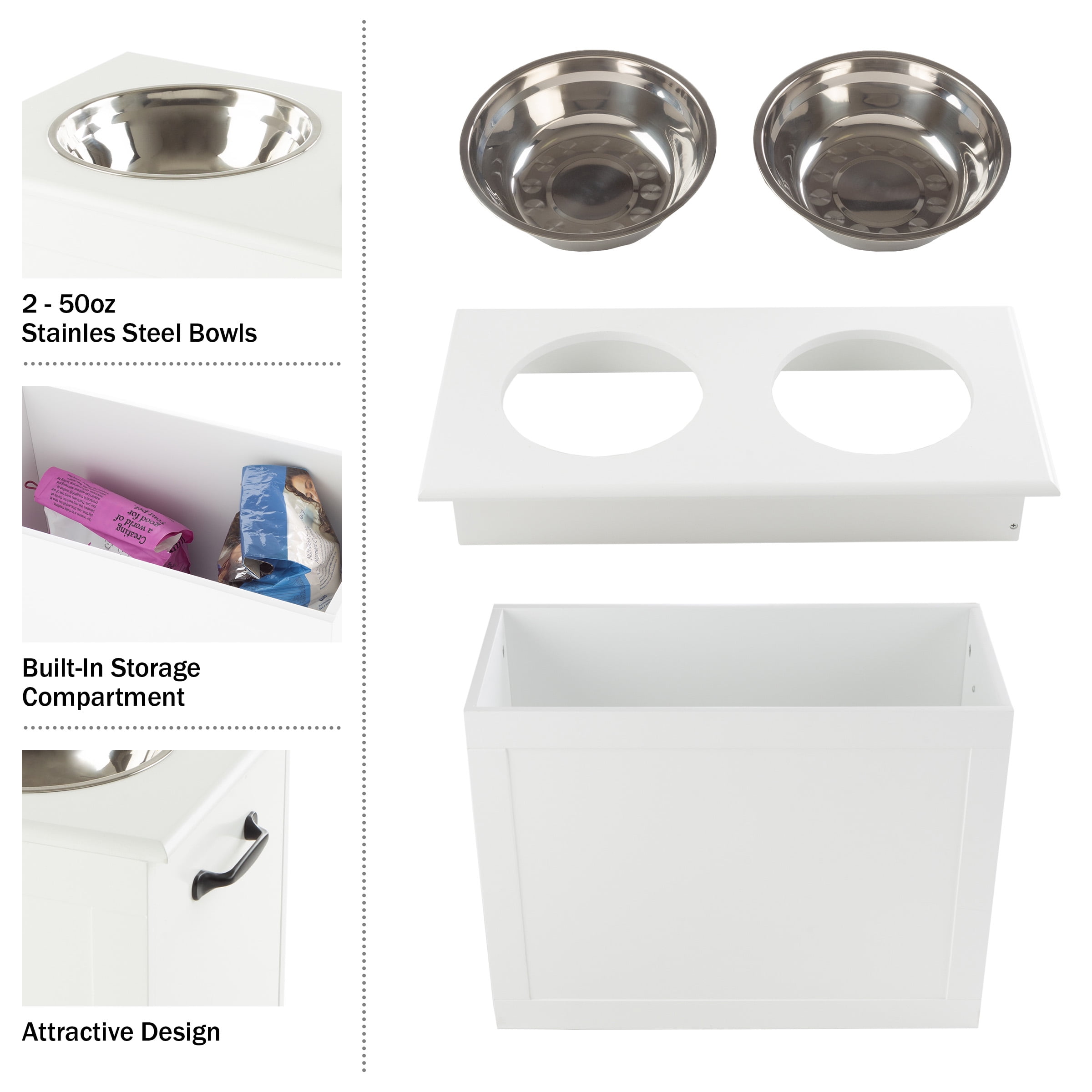 PETMAKER Elevated Dog Bowls with Storage Space for Pet Supplies (White)