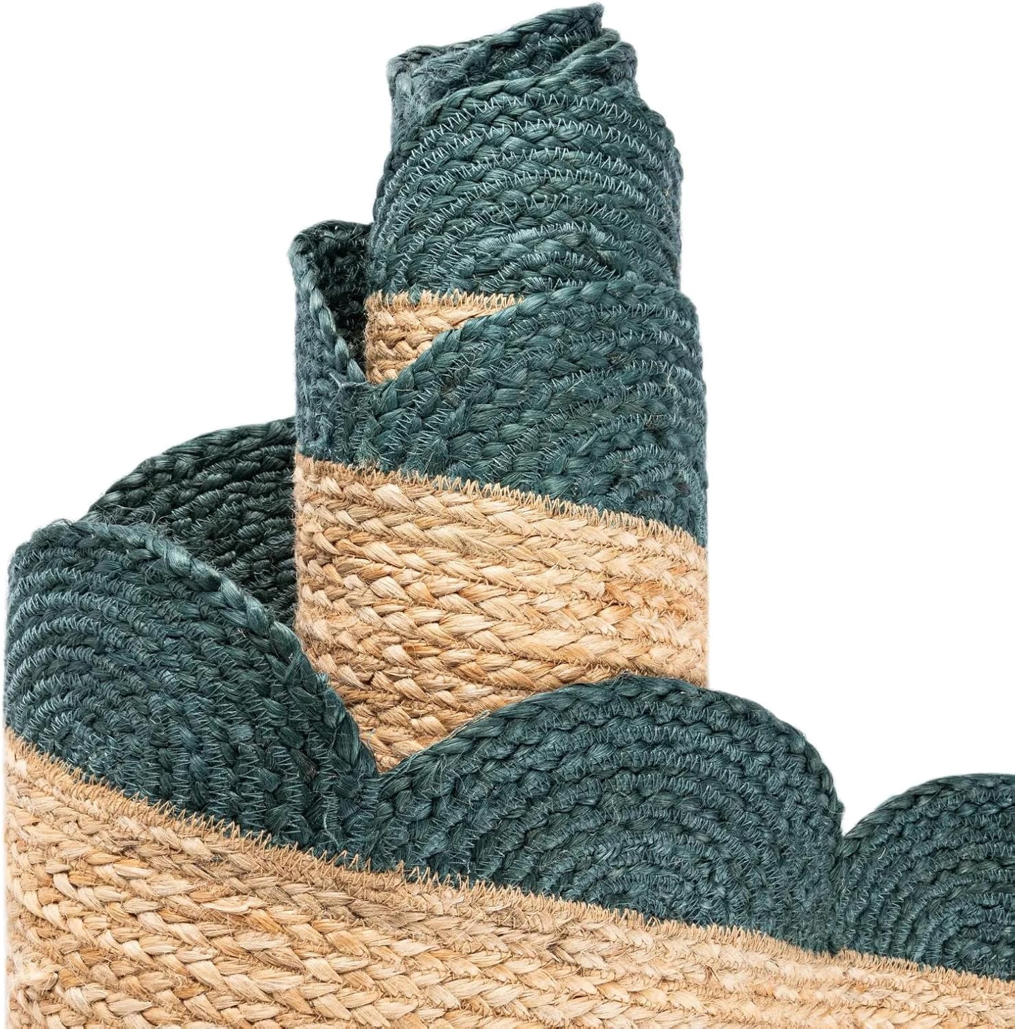 Indian Handmade Braided Natural Jute with Green Border Scalloped Area Rug 7 x 7 Feet Round (213 cm x 213 cm), Home Decor Rugs
