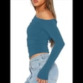 thumbnail image 3 of Blusa Informal de Larga con Cuello y Hombros Descubiertos para Mujer, Ajustada, para Salir, Estilo Y2K Azul Vaquero XL, 3 of 7