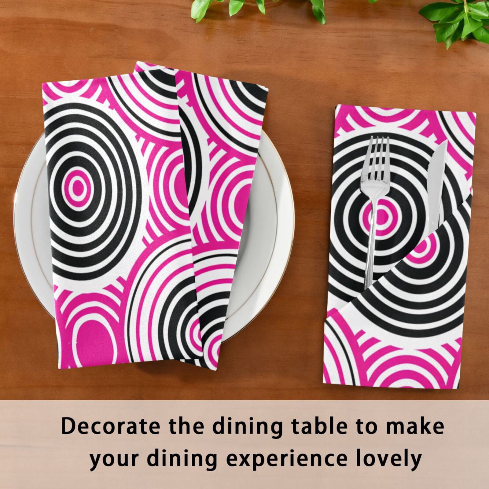 JSTEL Circles Pink & Black Cloth Napkins Set of 6, 20x20 Inch Washable and Reusable Napkin for Decoupage Dinner Party Everyday Use