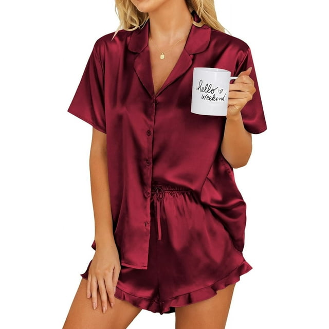 Ekouaer Womens Satin Pajamas Set Button Down 2 Piece Silk Pjs Shorts Set Ruffle Lingerie Notch Collar Sleepwear S-XXL