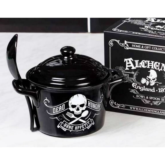 Macabre Dead Hungry Skull Bone Appetit Fine Bone China Bowl With Spoon And Lid