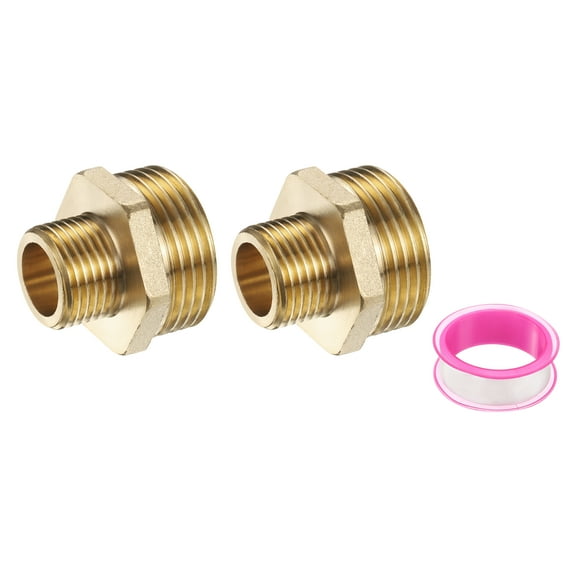 Uxcell Brass Pipe Fitting, 2Pcs 1/2" BSP Male x 1" BS Male Thread Connector Brass Hex Nipple Reducing Coupling Connector for Gas Water Refrigeration System Conversion